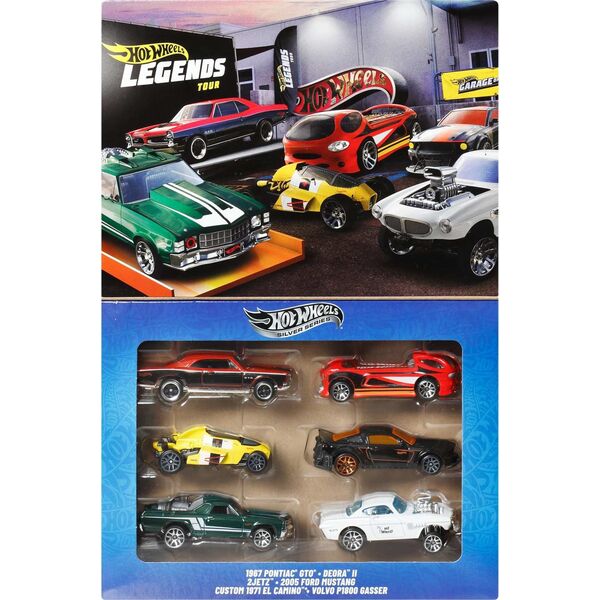 Hot Wheels Legends Wielopak Legendy HW Zestaw 6 metalowych samochodów premium w skali 1:64 z dekoracjami JBY78