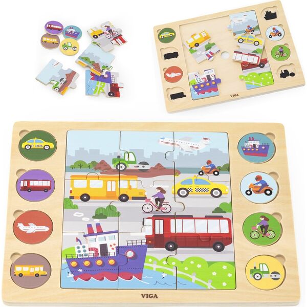Viga Toys VIGA Drewniane Puzzle Odgadnij po Cieniu  - Środki Transportu Układanka 17 el.