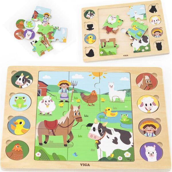 Viga Toys VIGA Drewniane Puzzle Odgadnij Po Cieniu - Farma Układanka 17 el.
