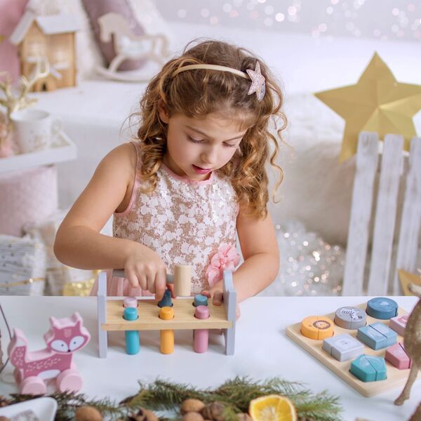 Viga Toys VIGA PolarB Zestaw Drewniana Piramidka + Przebijanka z Młoteczkiem Miś Polarny Montessori