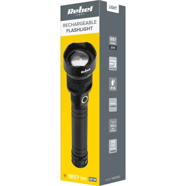 Latarka Rebel Aluminiowa latarka ręczna REBEL LED 20W ZOOM akumulator USB 800m