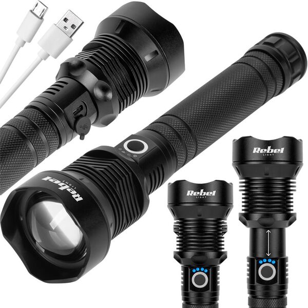 Latarka Rebel Aluminiowa latarka ręczna REBEL LED 20W ZOOM akumulator USB 800m