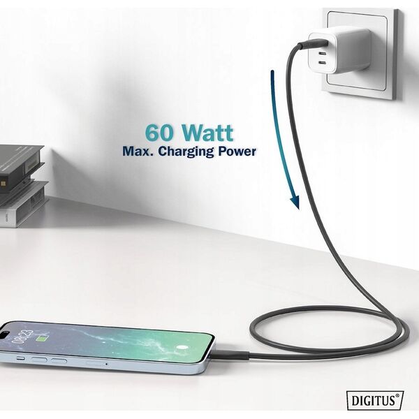 Καλώδιο USB Digitus Digitus USB-A > USB-C 2.0 (ST-ST) 1m Καλώδιο φόρτισης Σιλικόνης 60W Μαύρο