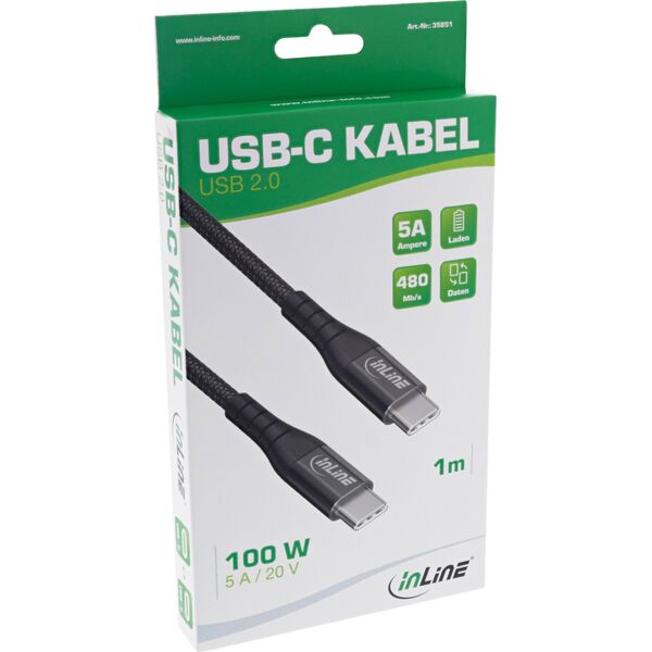 Kabel USB InLine InLine® USB 2.0 cable, USB-C male/male 100W quick charger cable, textile black, 1m