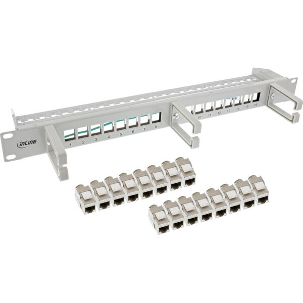 InLine InLine® Patch panel Cat.6A 16-way, with 3 brackets, 16 keystones, 19", 1U, grey