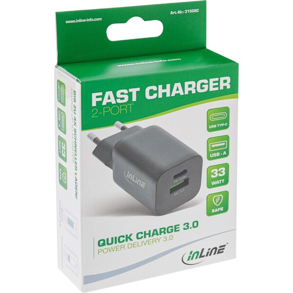 InLine InLine® USB power supply, charger, USB-A + USB Type-C, 33W, Power Delivery + Quick Charge