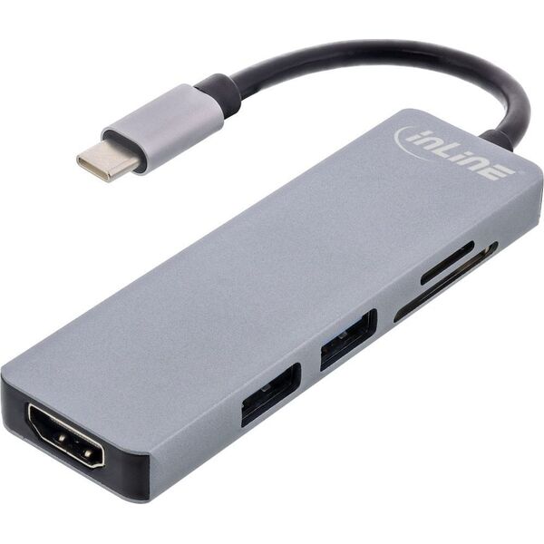 InLine InLine® Multifunctional hub USB 3.2 Gen.1, 2x USB-A 5Gbps + HDMI 4K/30Hz + card reader, aluminium, grey