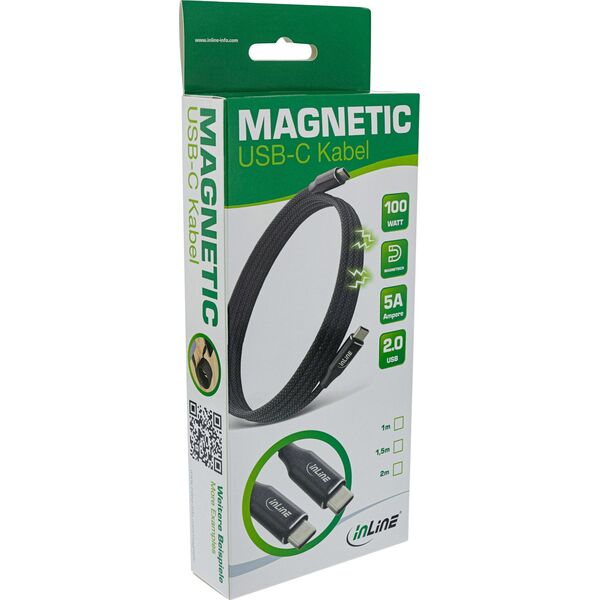 InLine InLine® Magnetic USB-C cable, USB-C male/male, 100W, black, 1.5m