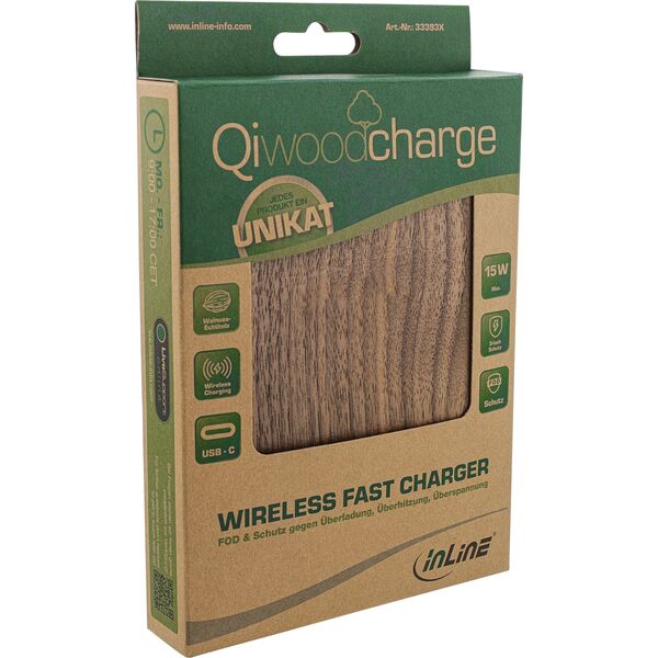 Ładowarka InLine InLine® Qi woodcharge, Smartphone wireless fast charger, 5/7,5/10W/15W, type C