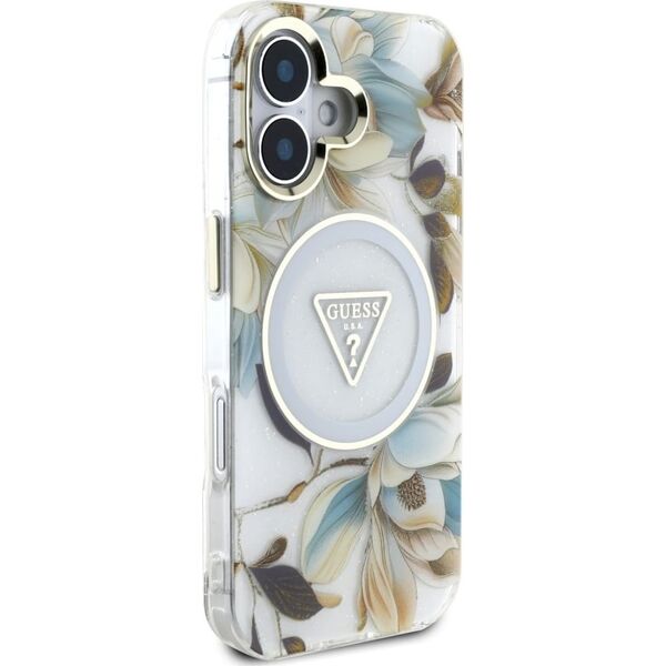 Etui Guess Glitter Flowers Triangle       Buttons MagSafe do iPhone 16 biały