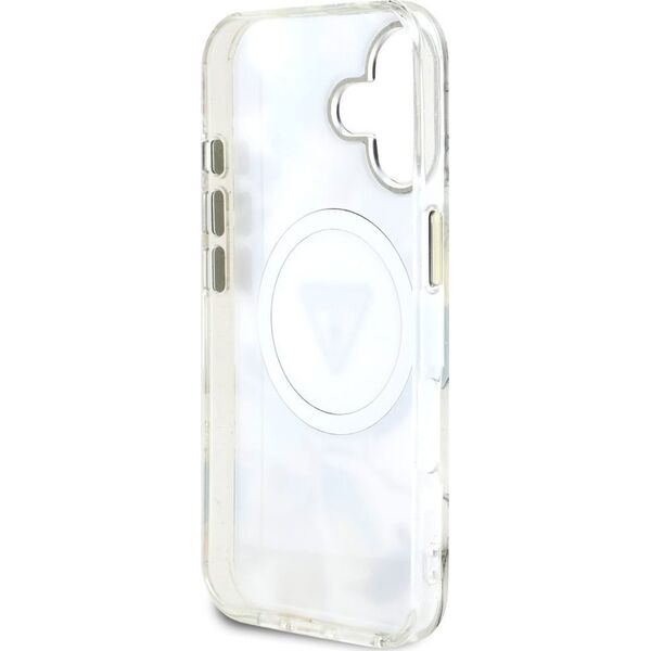 Etui Guess Glitter Flowers Triangle       Buttons MagSafe do iPhone 16 biały