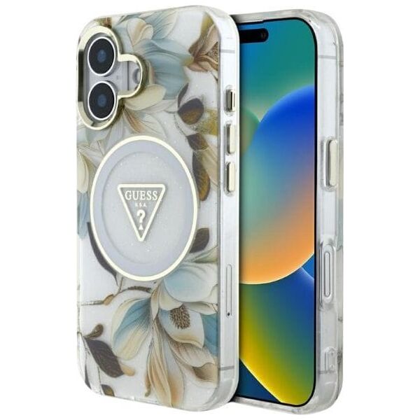 Etui Guess Glitter Flowers Triangle       Buttons MagSafe do iPhone 16 biały