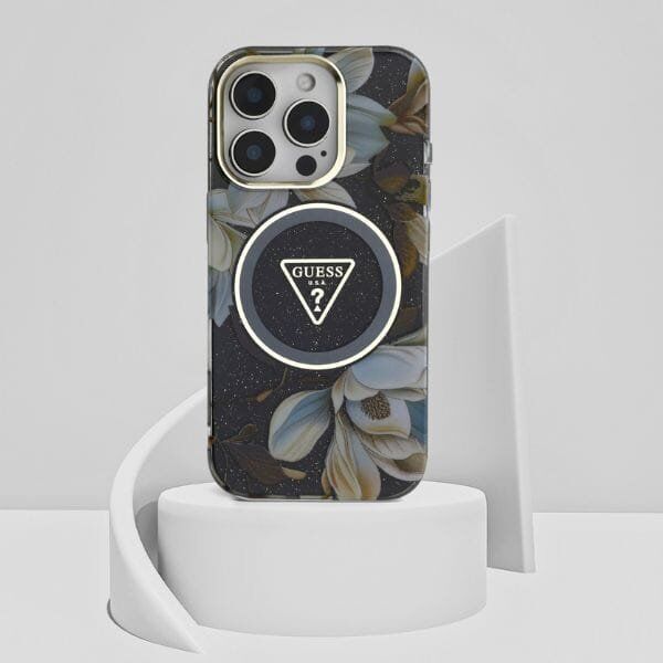 Etui Guess Glitter Flowers Triangle       Buttons MagSafe do iPhone 16 Pro czarny