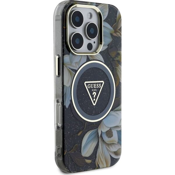 Etui Guess Glitter Flowers Triangle       Buttons MagSafe do iPhone 16 Pro czarny
