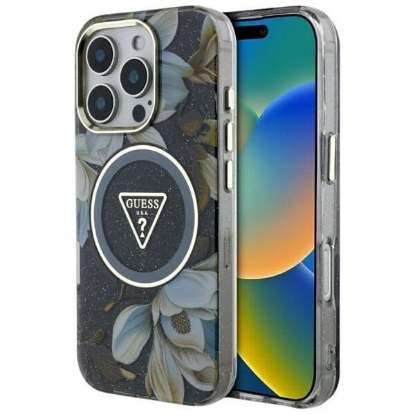 Etui Guess Glitter Flowers Triangle       Buttons MagSafe do iPhone 16 Pro czarny