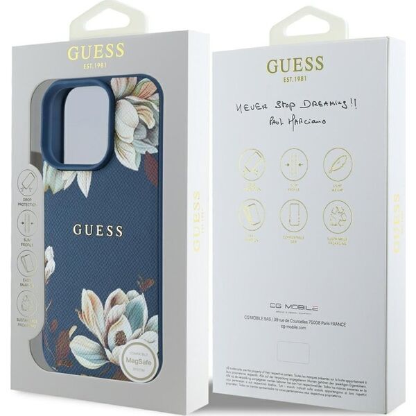Etui Guess Grained Printed Flower         Pattern MagSafe do iPhone 16 Pro Max niebieski