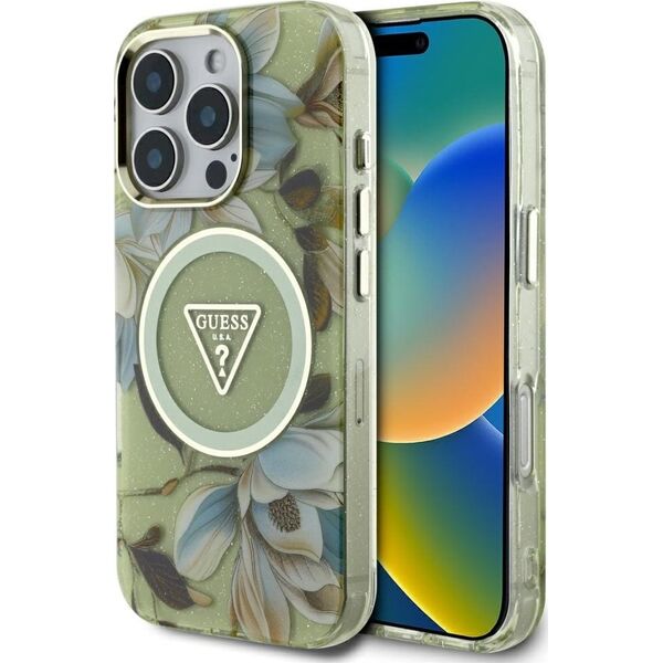 Etui Guess Glitter Flowers Triangle       Buttons MagSafe do iPhone 16 Pro zielony