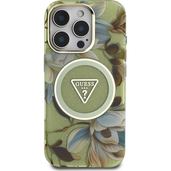 Etui Guess Glitter Flowers Triangle       Buttons MagSafe do iPhone 16 Pro zielony