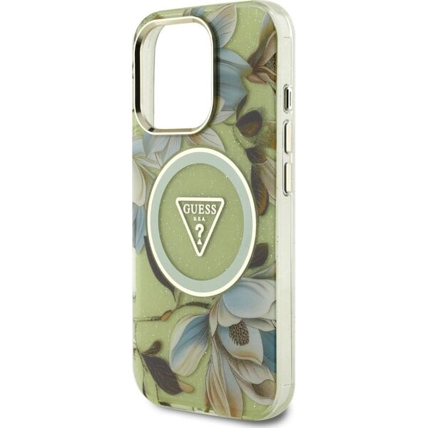 Etui Guess Glitter Flowers Triangle       Buttons MagSafe do iPhone 16 Pro zielony