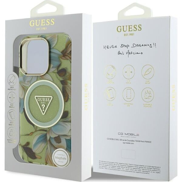 Etui Guess Glitter Flowers Triangle       Buttons MagSafe do iPhone 16 Pro zielony