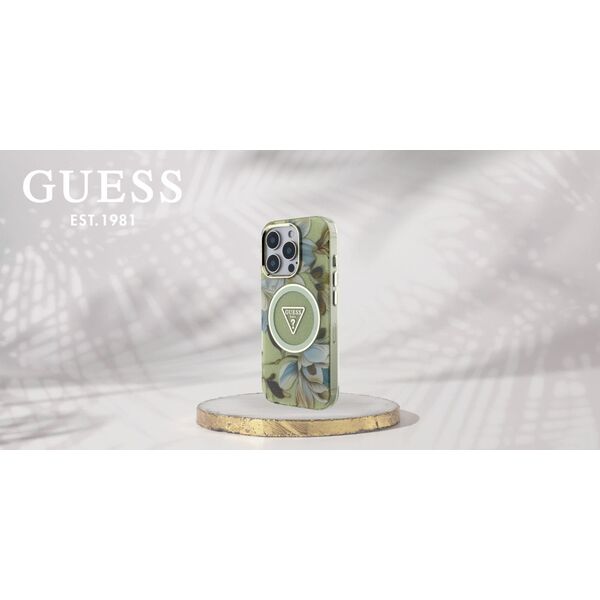 Etui Guess Glitter Flowers Triangle       Buttons MagSafe do iPhone 16 Pro zielony