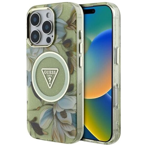 Etui Guess Glitter Flowers Triangle       Buttons MagSafe do iPhone 16 Pro zielony