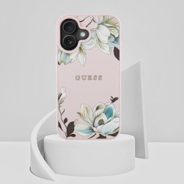 Etui Guess Grained Printed Flower         Pattern MagSafe do iPhone 16 różowy