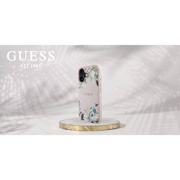 Etui Guess Grained Printed Flower         Pattern MagSafe do iPhone 16 różowy