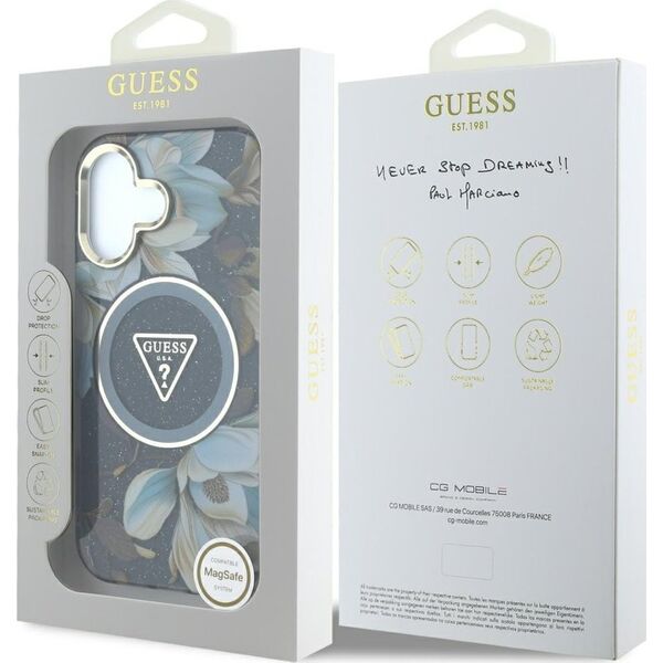 Etui Guess Glitter Flowers Triangle       Buttons MagSafe do iPhone 16 czarny