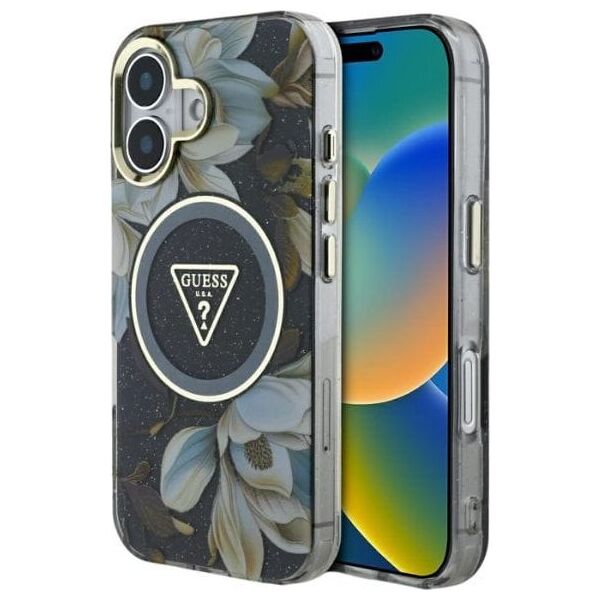 Etui Guess Glitter Flowers Triangle       Buttons MagSafe do iPhone 16 czarny