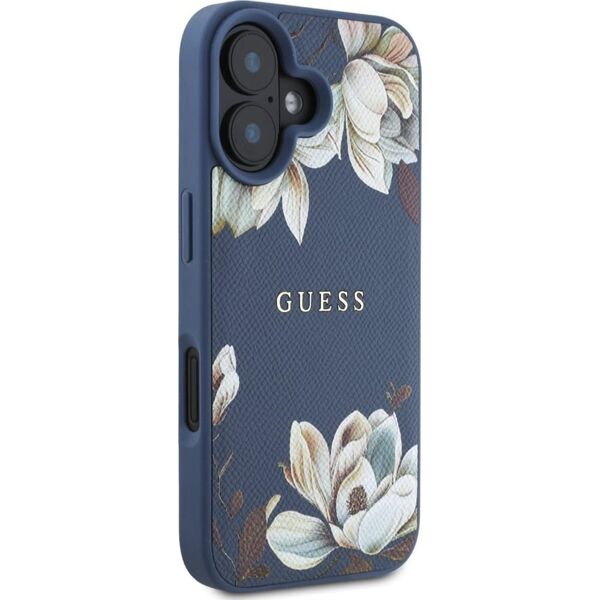 Etui Guess Grained Printed Flower         Pattern MagSafe do iPhone 16 niebieski