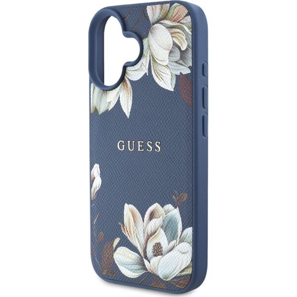 Etui Guess Grained Printed Flower         Pattern MagSafe do iPhone 16 niebieski