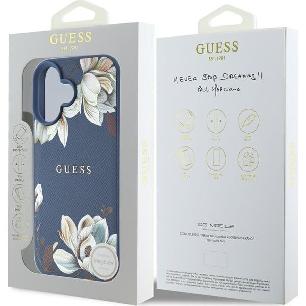 Etui Guess Grained Printed Flower         Pattern MagSafe do iPhone 16 niebieski