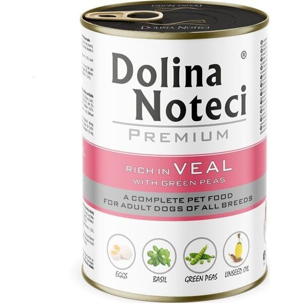 Mokra karma dla psa Dolina Noteci Premium bogata w cielęcinę z zielonym groszkiem puszka 400 g