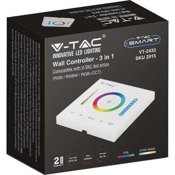 V-TAC Kontroler Sterownik Pilot Panel Ścienny Szklany 3w1 V-TAC RGB+CCT 1-strefa VT-2433