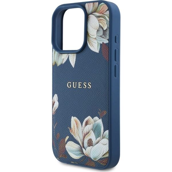 Etui Guess Grained Printed Flower         Pattern MagSafe do iPhone 16 Pro niebieski