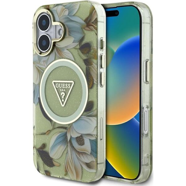 Etui Guess Glitter Flowers Triangle       Buttons MagSafe do iPhone 16 zielony