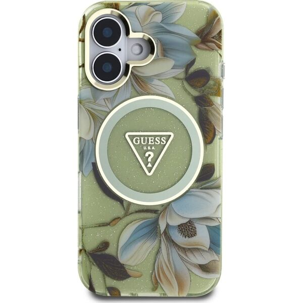 Etui Guess Glitter Flowers Triangle       Buttons MagSafe do iPhone 16 zielony