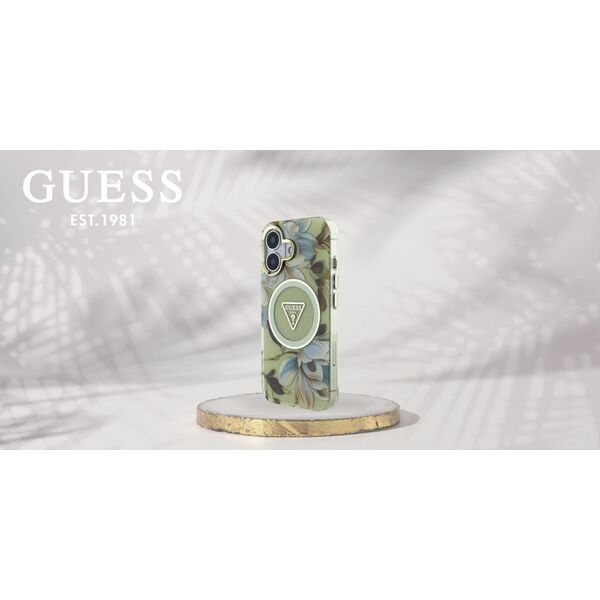 Etui Guess Glitter Flowers Triangle       Buttons MagSafe do iPhone 16 zielony