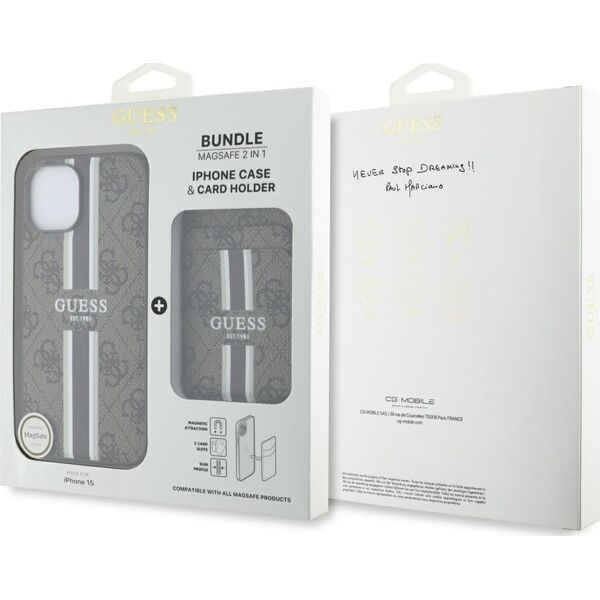 Etui Guess 4G Stripes z portfelem         Magsafe do iPhone 15 brązowy