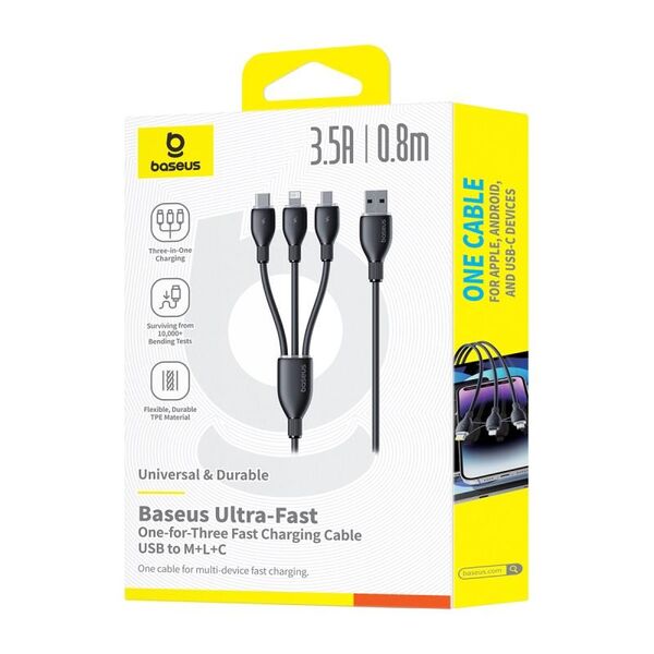 Baseus Ultra-Fast One-for-Three Fast Charging Cable USB-A to M+L+C 3.5A 0.8m Cosmic Black 6932172679590
