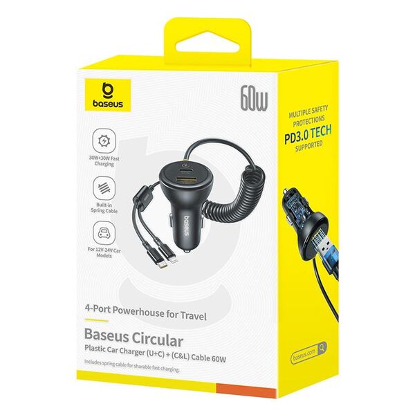 Baseus Circular Plastic Car Charger (C+C) + (C&L) Cable 60W Cosmic Black 6932172677176