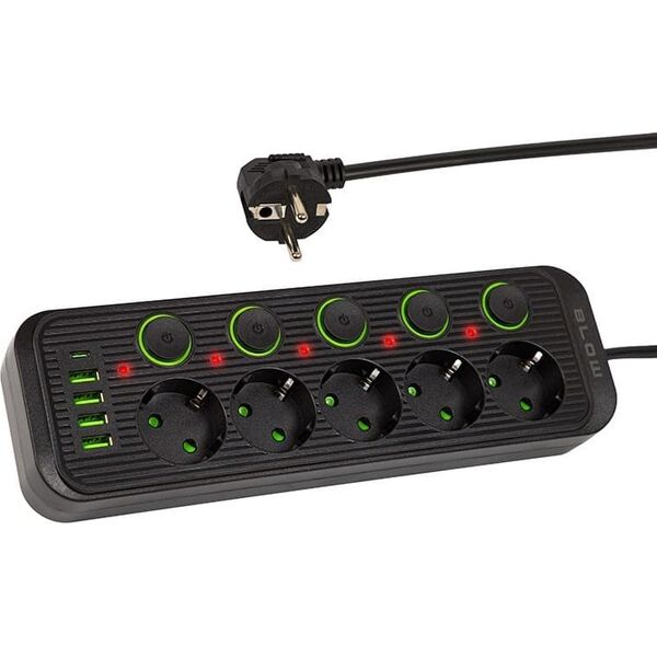 Blow Przedłużacz sieciowy PS-550S 5-Gniazd 4xUSB 1xUSB-C 5m czarny 2x1mm