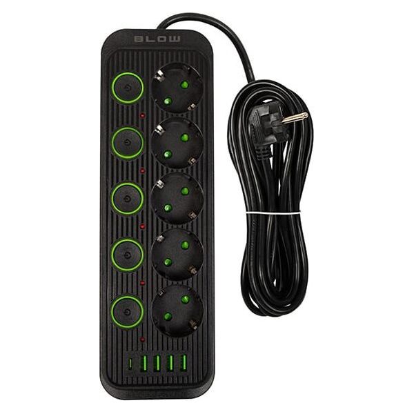 Blow Przedłużacz sieciowy PS-550S 5-Gniazd 4xUSB 1xUSB-C 5m czarny 2x1mm