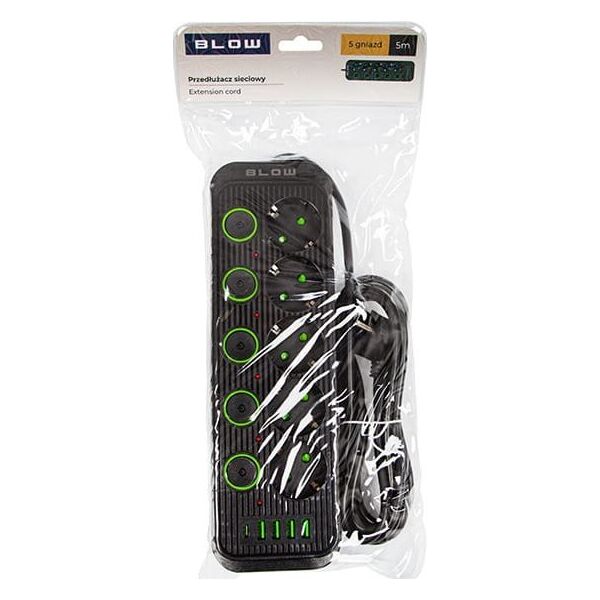 Blow Przedłużacz sieciowy PS-550S 5-Gniazd 4xUSB 1xUSB-C 5m czarny 2x1mm
