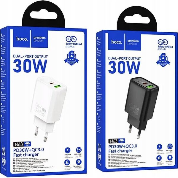 HOCO ładowarka sieciowa USB A + Typ C PD QC3.0 3A 30W N63 czarna