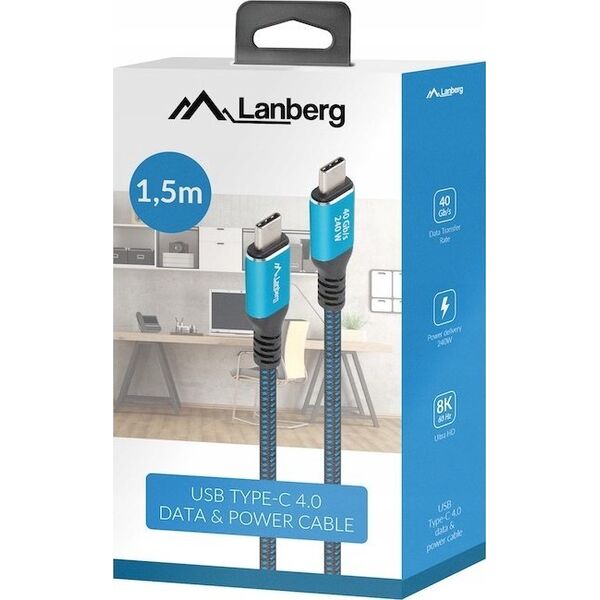 KABEL USB-C M/M USB4 1.5M 240W 8K 60HZ CZARNO-NIEBIESKI LANBERG