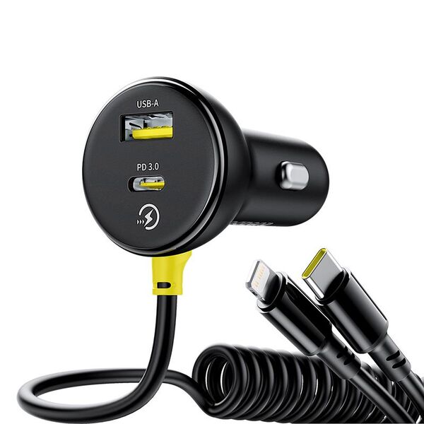 Baseus Okrągła plastikowa ładowarka samochodowa (U+C) + kabel C&L 60W Czarny
