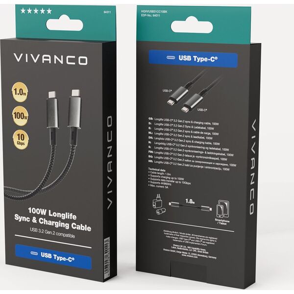 Καλώδιο USB Vivanco Vivanco καλώδιο USB-C - USB-C 3.2 LongLife Φόρτιση 100W 1m (64011)