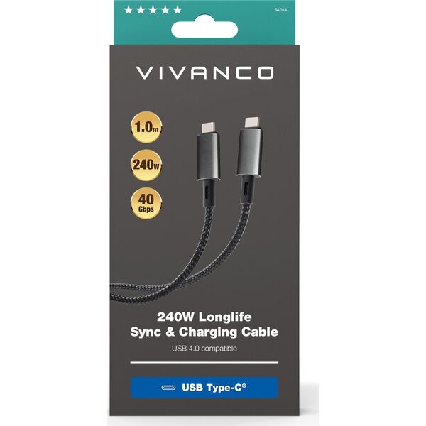 Καλώδιο USB Vivanco Vivanco καλώδιο USB-C - USB-C 4.0 LongLife Φόρτιση 240W 1m (64014)